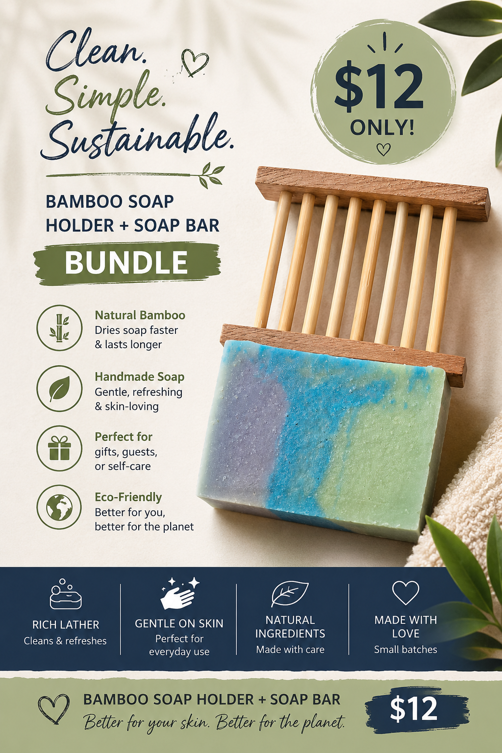 Bamboo Soap Holder + Soap Bar Bundle