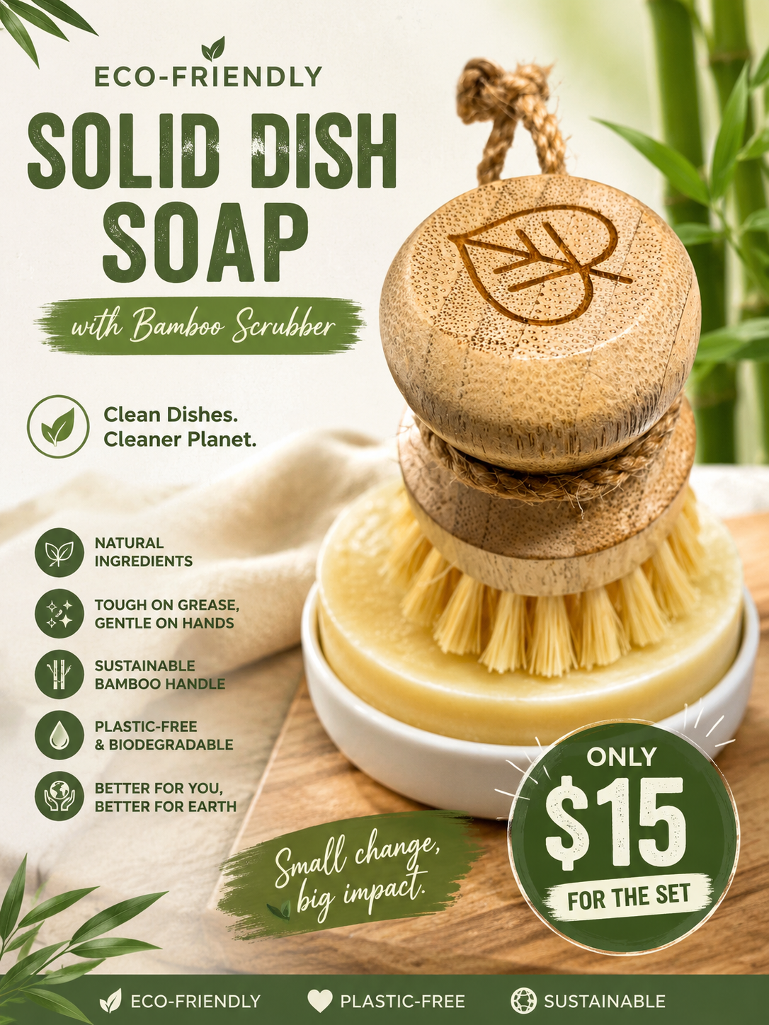 Eco-Friendly Solid Dish Soap with Bamboo Scrubber