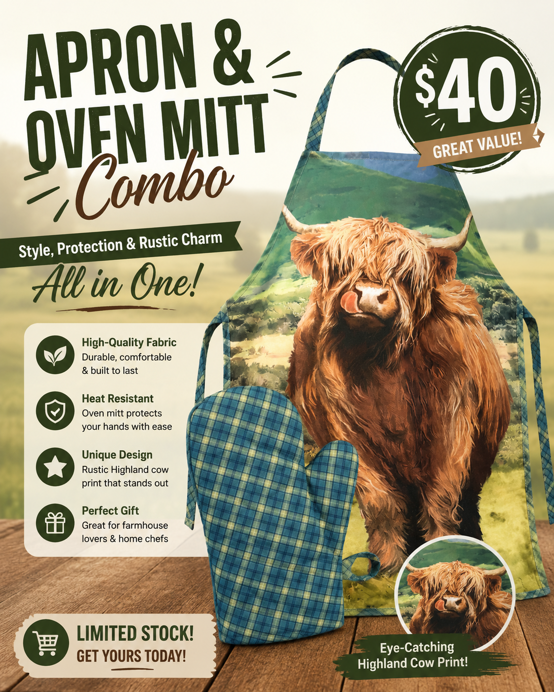 Highland Cow Apron & Oven Mitt Combo