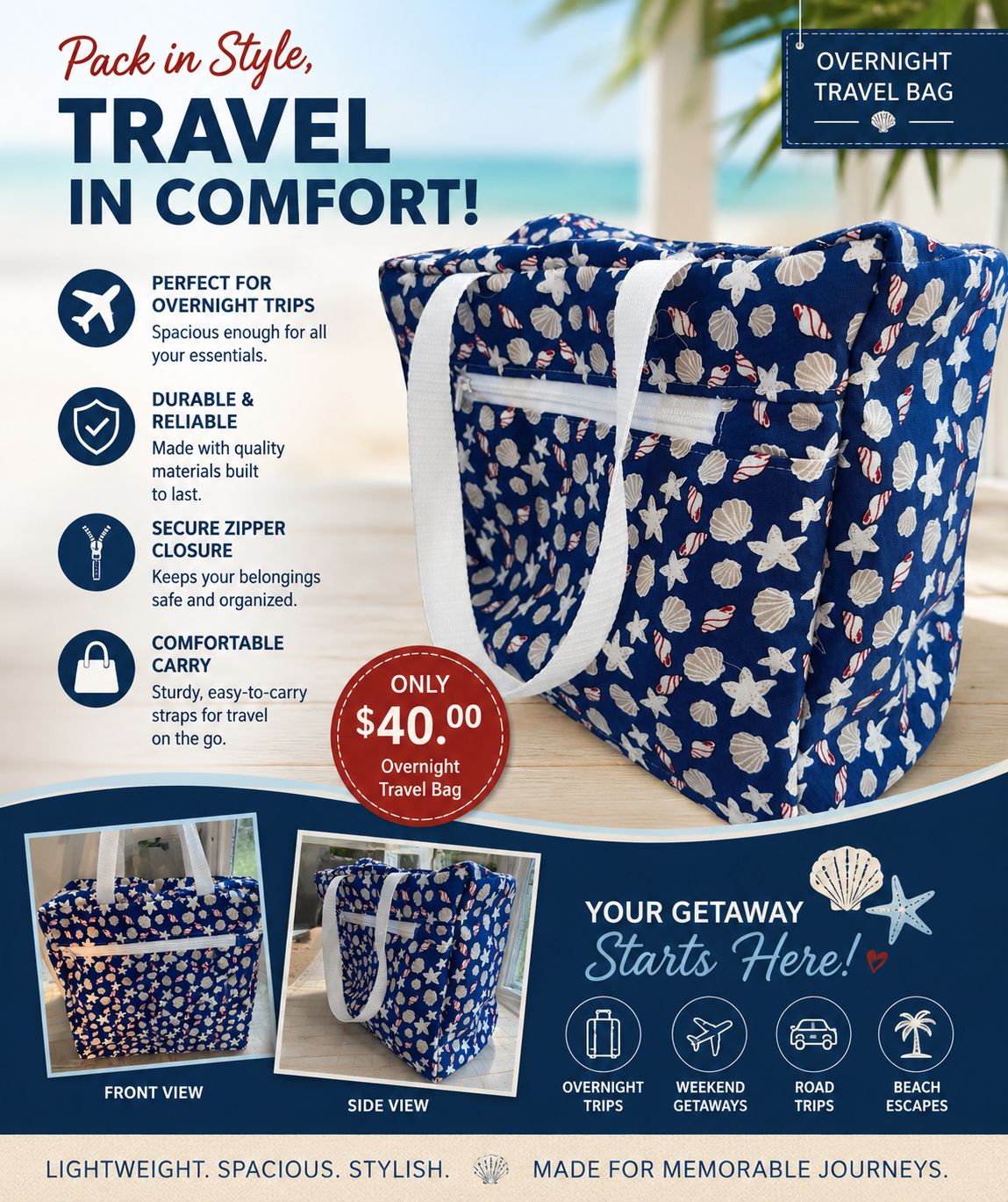Overnight Travel Bag – Nautical Seashell Print